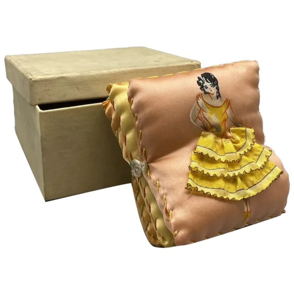 Vintage Handpainted Pillow Style Pincushion Girl Ruffled‎ Dress AS IS